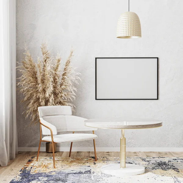 Blanco Horizontale Fotolijst Model Lichte Kamer Met Luxe Ronde Eettafel — Stockfoto