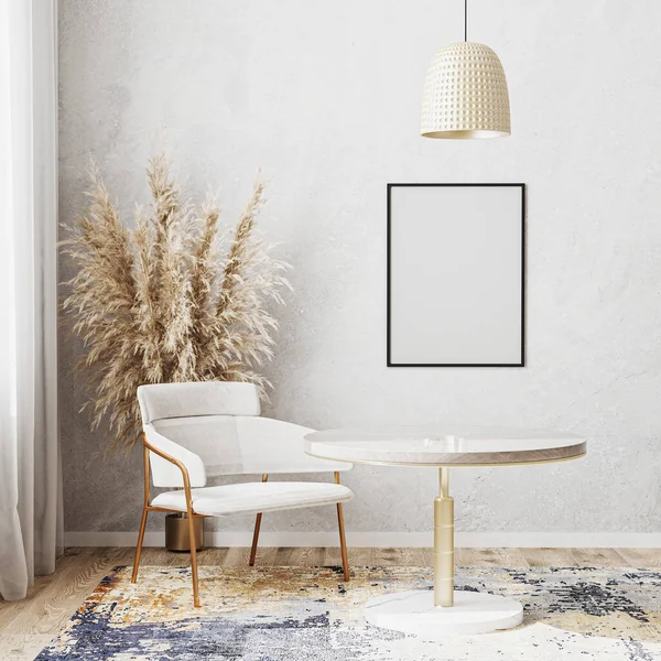 Blanco Poster Frame Model Lichte Kamer Met Luxe Ronde Eettafel — Stockfoto