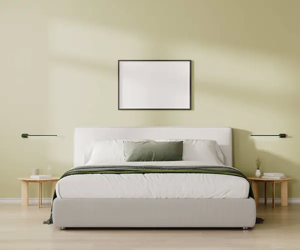 Yatay Çerçeve Yatak Odasının Kısmında Yatağın Üzerinde Açık Yeşil Tonda Stok Fotoğraf