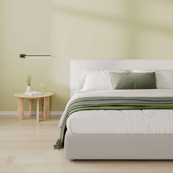 Yatak Odasının Içini Dekorlu Yatak Komodinli Açık Yeşil Duvarlı Boyutlu Telifsiz Stok Fotoğraflar
