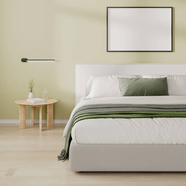 Horizontale Frame Mock Boven Bed Slaapkamer Interieur Licht Groene Toon Stockfoto