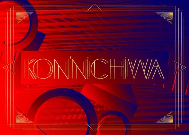 Art Deco Kon 'nichiwa (Japonca, Merhaba Japonya) metni. Dekoratif tebrik kartı, eski harflerle imzalayın..