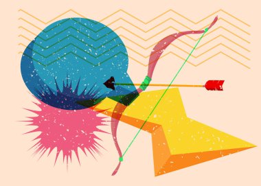 Geometrik şekilli konuşma baloncuklu Risograph yay ve ok. Geometri elemanları ile modayı gösteren riso grafik desen tasarımı nesneleri.