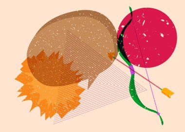 Geometrik şekilli konuşma baloncuklu Risograph yay ve ok. Geometri elemanları ile modayı gösteren riso grafik desen tasarımı nesneleri.