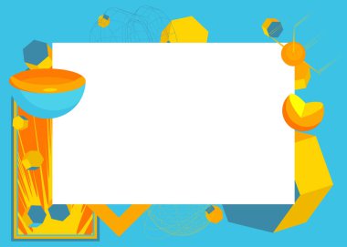 Mavi, sarı geometrik grafik retro temalı metin için yer. Minimum geometrik elementler çerçevesi. Reklam için klasik soyut şekiller vektör illüstrasyonuName.