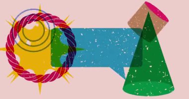 Geometrik şekilli Risograph konuşma balonu animasyonu. Moda riso grafik tasarım videosunda nesne taşınıyor.