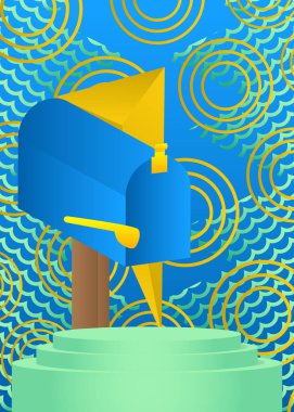 Posta kutusuyla birlikte ürün görüntüsü. Vektör silindirli kaide podyumu. Sunum için sahne gösterisi. En küçük geometrik biçimler.