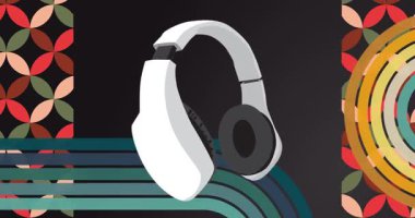 Retro 70 'lerin arka plan animasyonu ve kulaklıklar. Harika Kulaklık 1970 'lerin sanat videosu. Minimalist Vintage tasarımı, eski moda renk çizimi.