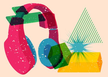 Geometrik şekilli Risograph Kulaklığı. Geometri elemanları ile modayı gösteren riso grafik desen tasarımı nesneleri.