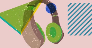 Geometrik şekilli Risograph Kulaklığı animasyon. Moda riso grafik tasarım videosunda nesne taşınıyor.