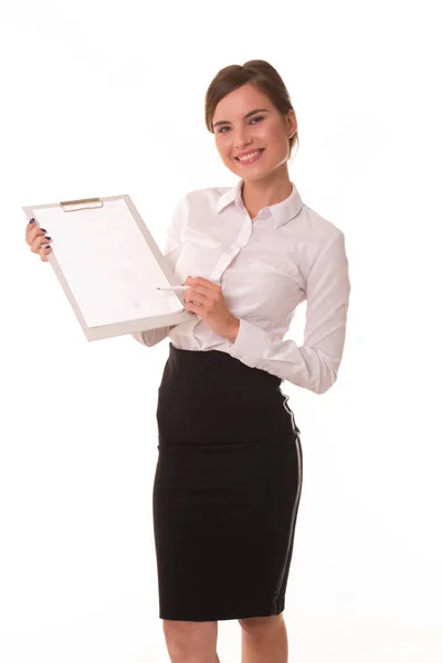 Office worker posing at camera with tablet for notes. — Stock Photo, Image