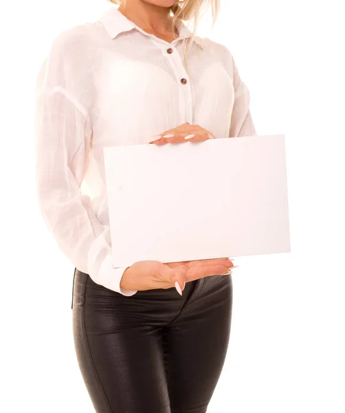 Close up shot of girl holding a clean logo space. — Stock Photo, Image