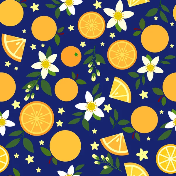 Mandarine Illustration Mit Blumen Und Blättern Gesättigt Blauer Hintergrund Bunte — Stockvektor