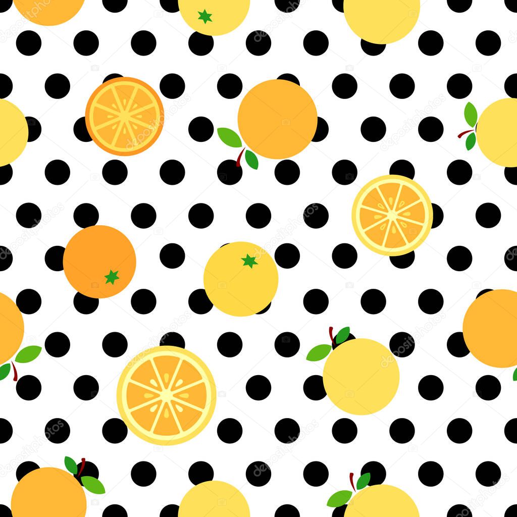 Oranges and slices flat design illustration over large black polka dots background seamless pattern