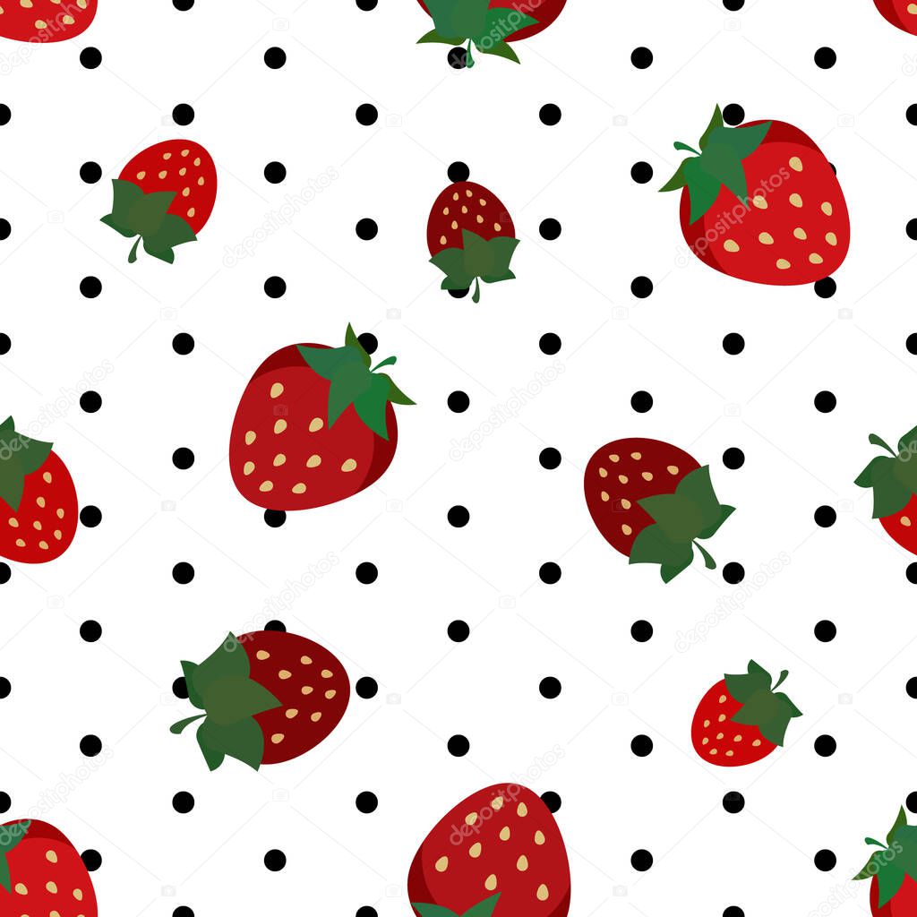Strawberry red flat illustration, with black polka dots over white background, vector illustration seamless pattern