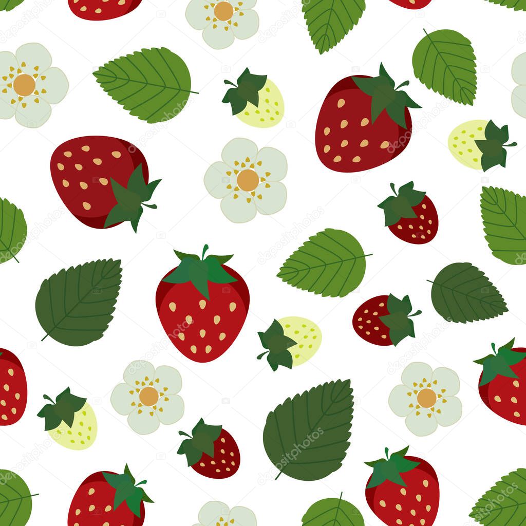 Strawberry red and green, flowers and leaves, flat vector illustration over white background seamless pattern