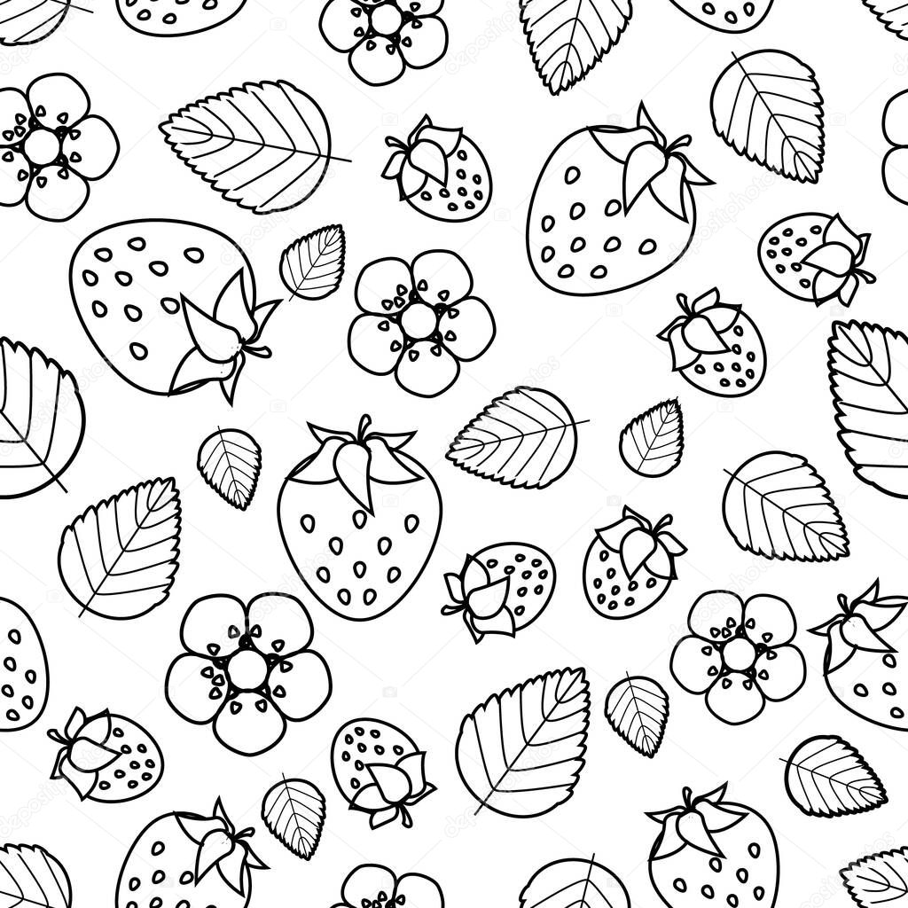 Strawberry black outlines cartoon, over white background, flowers and leaves, vector illustration seamless pattern