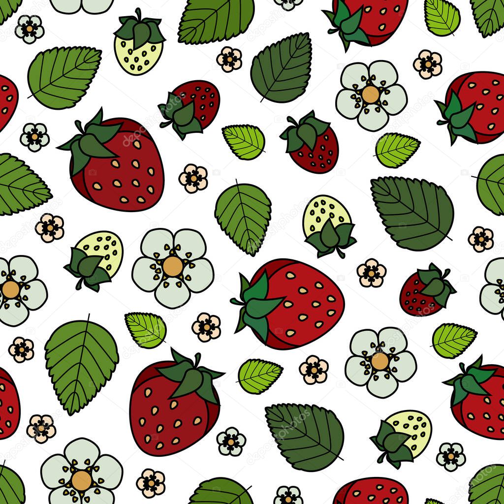 Strawberry red, with black outlines cartoon vector illustration and leaves with white background seamless pattern