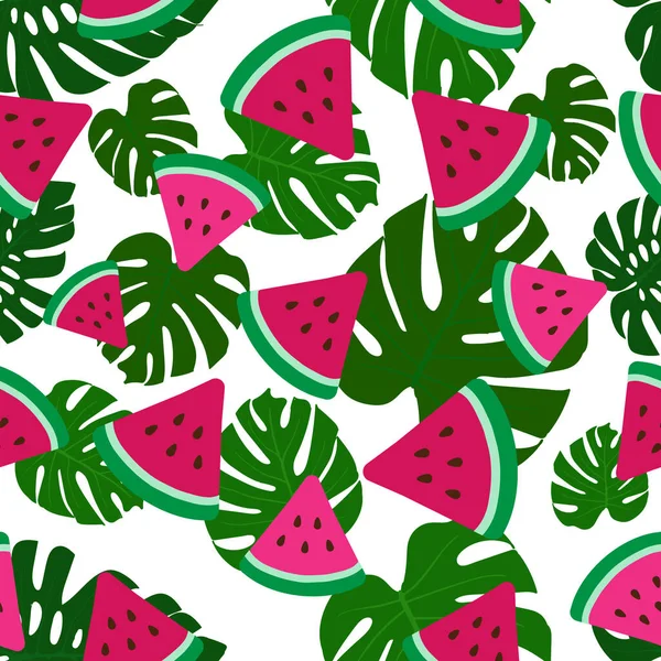 Roze Watermeloen Tropische Bladeren Platte Vector Illustratie Naadloos Patroon — Stockvector
