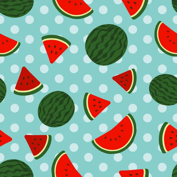 Rode Watermeloen Volledige Plakken Platte Vector Illustratie Zaden Hemel Blauwe — Stockvector