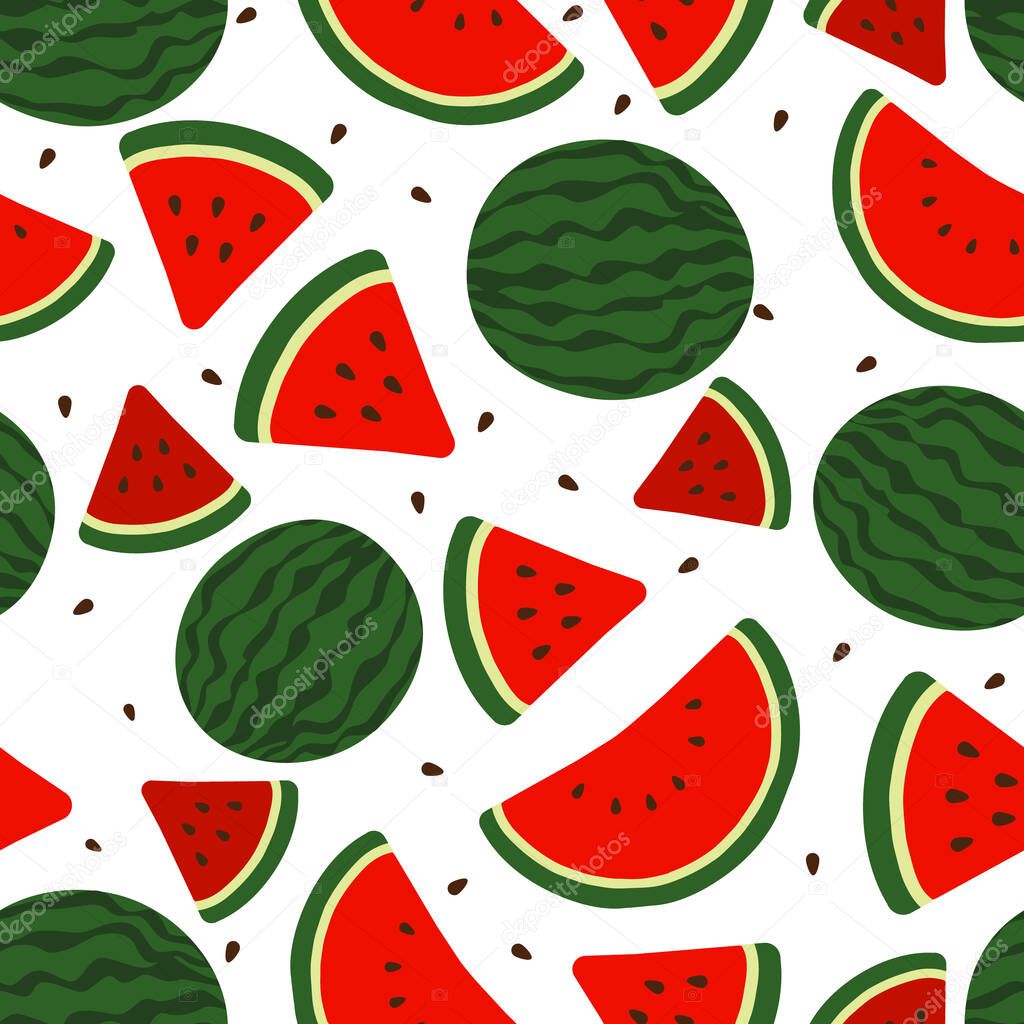 Red watermelon full slices and seeds flat vector illustration seamless pattern