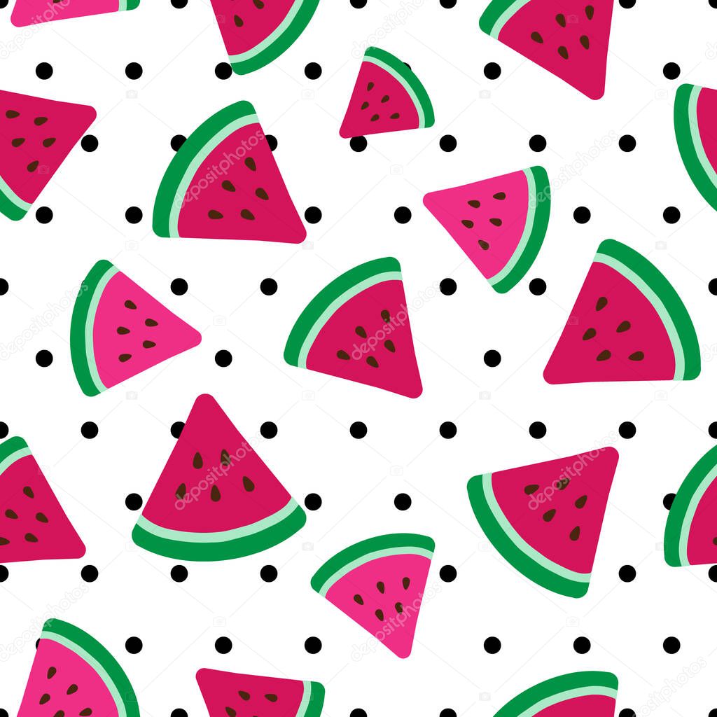 pink watermelon slices illustration, flat vector, over black polka dots white background