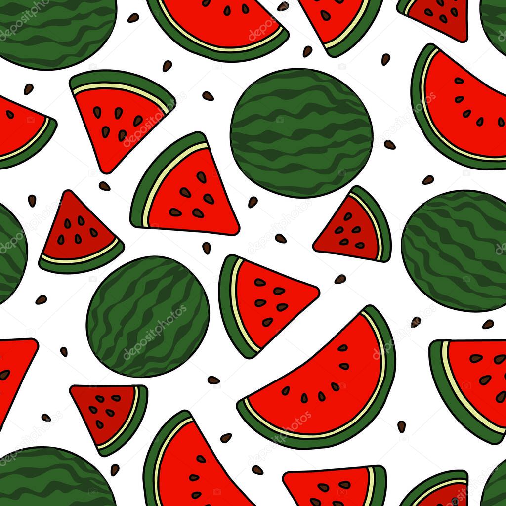 Red watermelon full slices and seeds black outline cartoon illustration seamless pattern