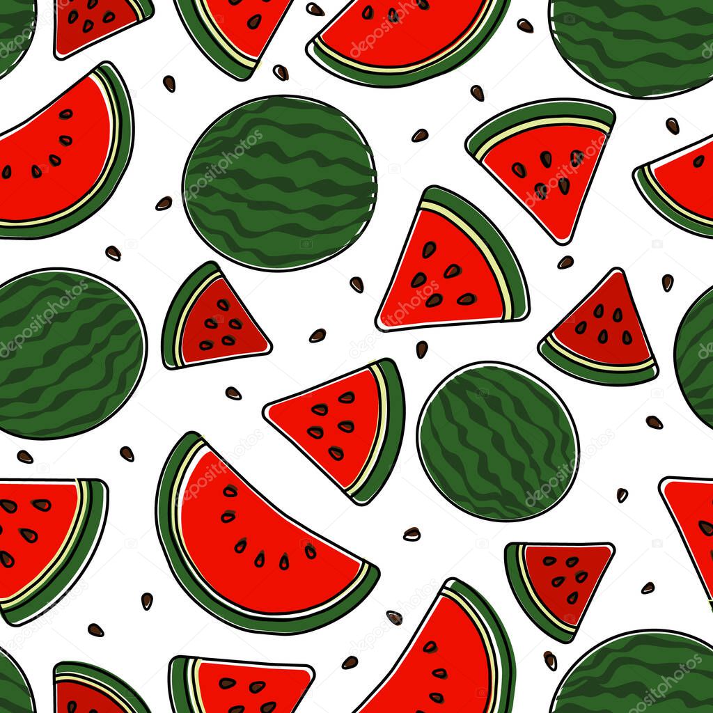 Red watermelon full slices and seeds, with black outlines, unfit colored, white background seamless pattern