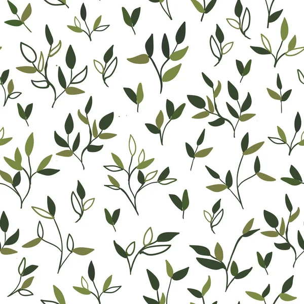 绿枝和橄榄树 浅色和深色 并概述了各种树叶 手工制作的病媒图解 覆盖白色背景无缝图案 — 图库矢量图片
