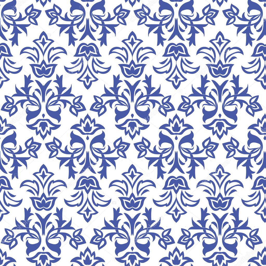 Blue vintage floral repeated shapes vector illustration pattern, over white background.