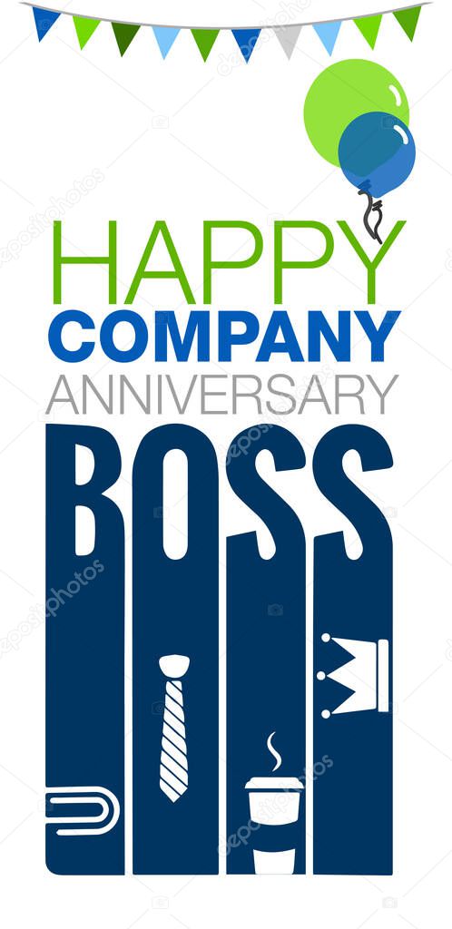 Happy Anniversary Boss banner card, balloons, clip, tie, coffee, crown, flat vector Illustration