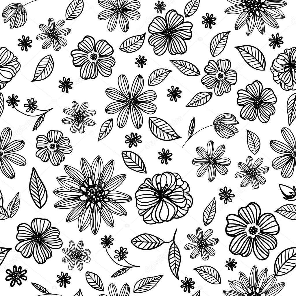 Handmade outline flowers doodle drawing, black over white background seamless pattern
