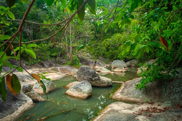 Paisagem tropical florestal com rochas e água — Fotografia de Stock
