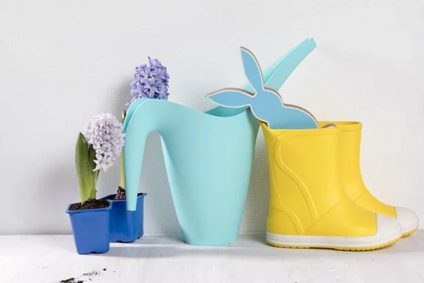 Yellow Rubber Boots Blue Watering Can Bouquet Flowers White Pink — Stock Photo, Image