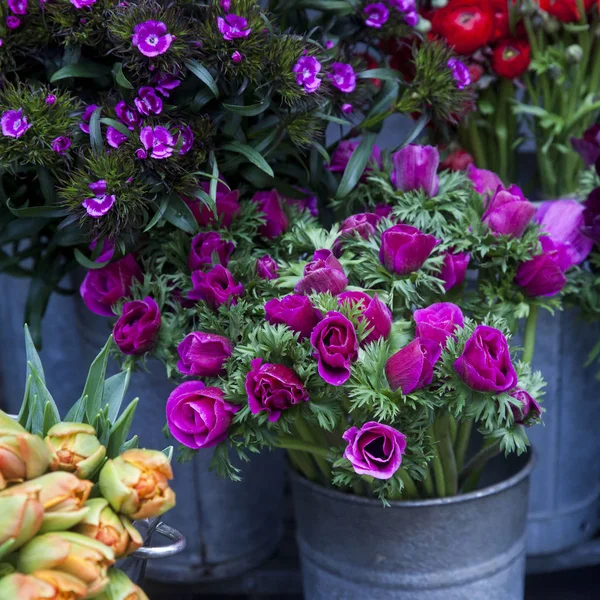 Anemonen, Boterbloem en anjers in boeketten voor verkoop — Stockfoto