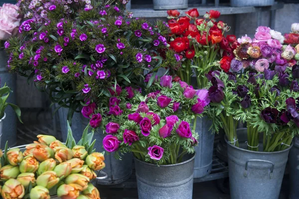 Anemonen, Boterbloem en anjers in boeketten voor verkoop — Stockfoto