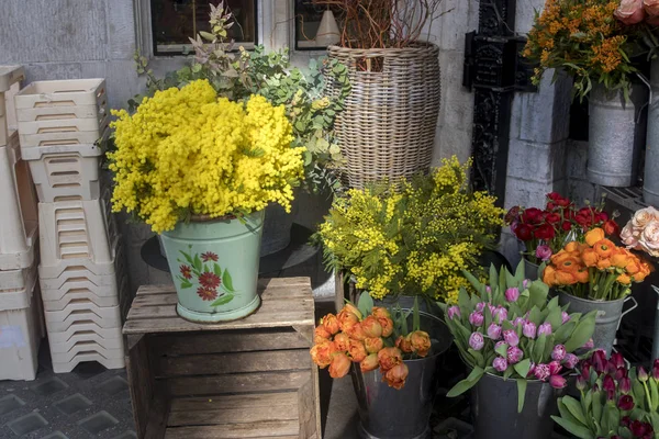 Los Ramos de las ramas mimosas en las cestas enormes de mimbre, los tulipanes y las rosas para la venta en la tienda Liberty en Londres —  Fotos de Stock