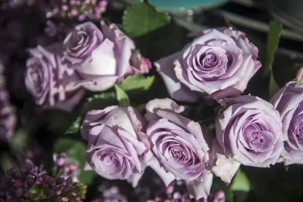 Bouquet of purple roses in a basket for sale — Stock Photo, Image