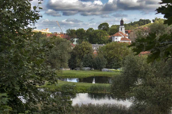 Vilnius. Flygvy över staden. En liten damm bland träden — Stockfoto