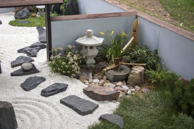 ikebana, kum ve tırmık ile Japon bahçe