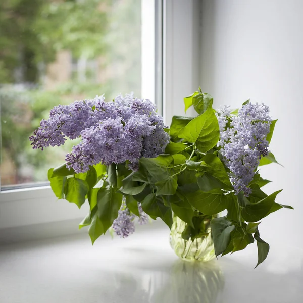 Bouquet of lilac twigs in a transparent green glass vase on the window — Stock Photo, Image