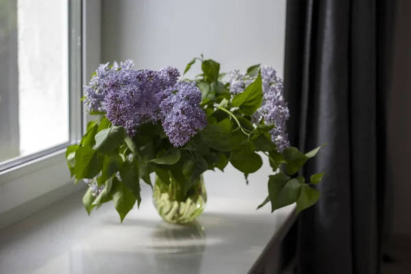 Bouquet of lilac twigs in a transparent green glass vase on the window — Stock Photo, Image