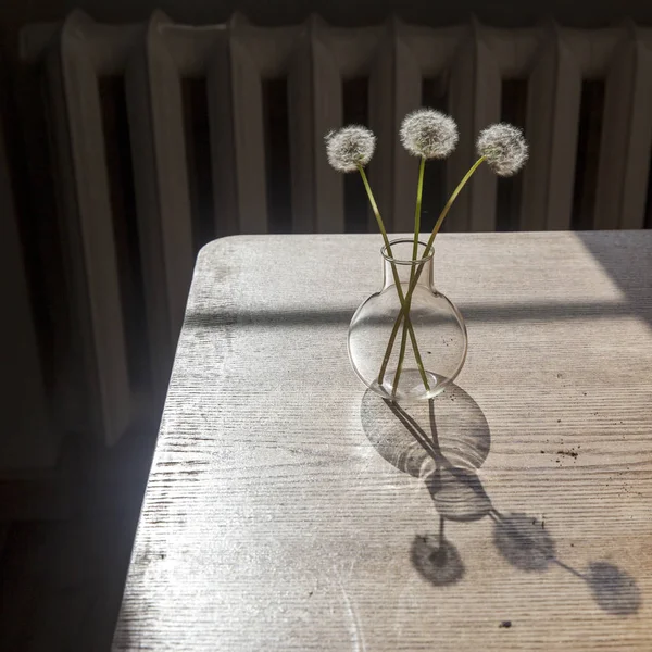 Siyah arka plan karşısında ahşap masa üzerinde şeffaf bir cam karahindiba bir buket — Stok fotoğraf