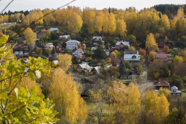 Rusya, Plyos - Ekim 04, 2019: Ivanovo Bölgesi. Volga nehrinin arka planında parlak sarı sonbahar ormanı. Katedral Dağı 'nın yüksekliğinden. Sonbahar güneşli bir günde Varvara kilisesi ve renkli evler.