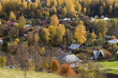 Rusya, Plyos - Ekim 04, 2019: Ivanovo Bölgesi. Volga nehrinin arka planında parlak sarı sonbahar ormanı. Katedral Dağı 'nın yüksekliğinden. Sonbahar güneşli bir günde Varvara kilisesi ve renkli evler.