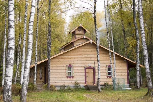 Oblast Leningrad, Rusia - 26 de septiembre de 2019: Fachada de una hermosa casa de madera decorada con motivos tradicionales en el pueblo de Verkhniye Mandrogi — Foto de Stock