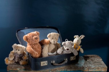 Yaşlı bir adam, lacivert arka bahçenin yanındaki bankın ahşap harabe yüzeyinde antika bir bavul taşıyor. Oyuncak ailesi Boşluğu kopyala