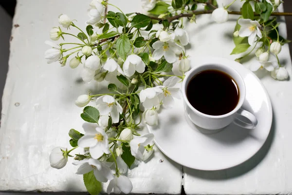 Taza Blanca Espresso Matutino Con Una Rama Manzano Flor Sobre —  Fotos de Stock