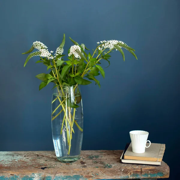 Bouquet White Veronica White Bells Tall Narrow Vase Grey Table — Stock Photo, Image