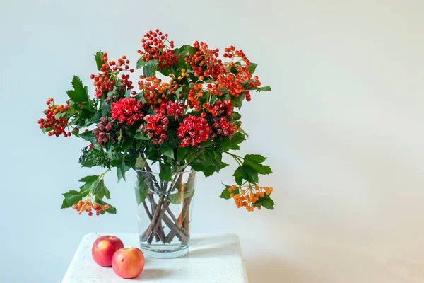 Hypericum Hawthorn Flowers Vase White Stool White Background — Stock Photo, Image